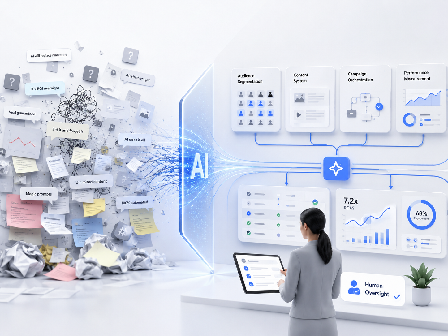 Marketer reviewing AI-organized dashboards turning chaotic inputs into structured marketing outputs