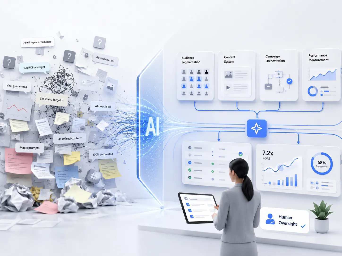 Marketer reviewing AI-organized dashboards turning chaotic inputs into structured marketing outputs