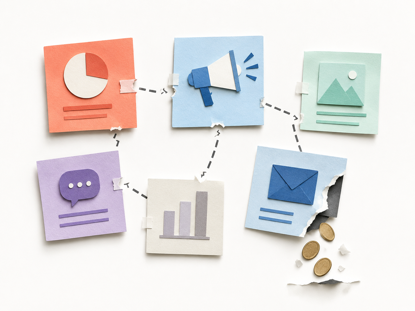 Disconnected paper marketing icons linked by dashed lines illustrating fragmented agency work