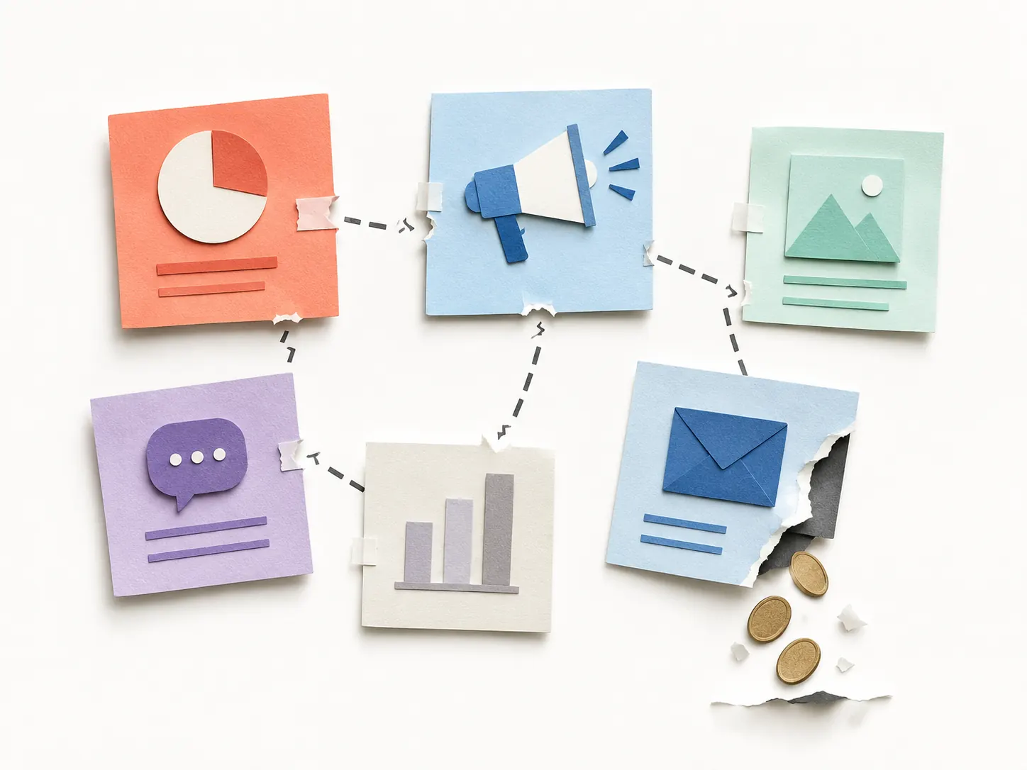 Disconnected paper marketing icons linked by dashed lines illustrating fragmented agency work