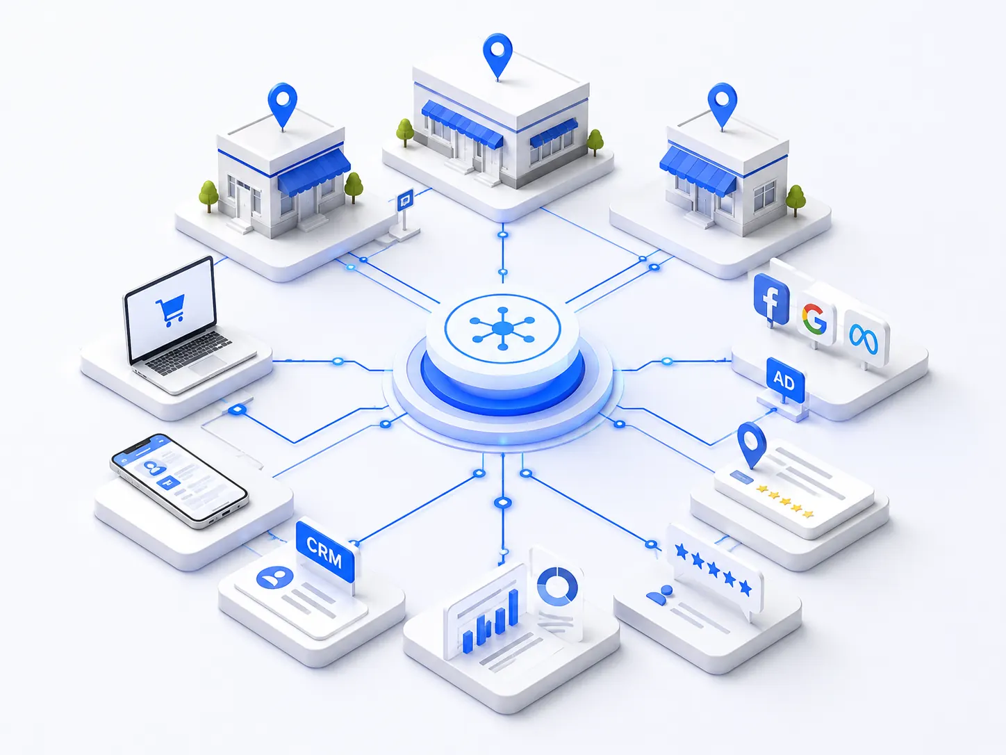 Isometric diagram of multi-location retail stores connected to digital channels and a central hub
