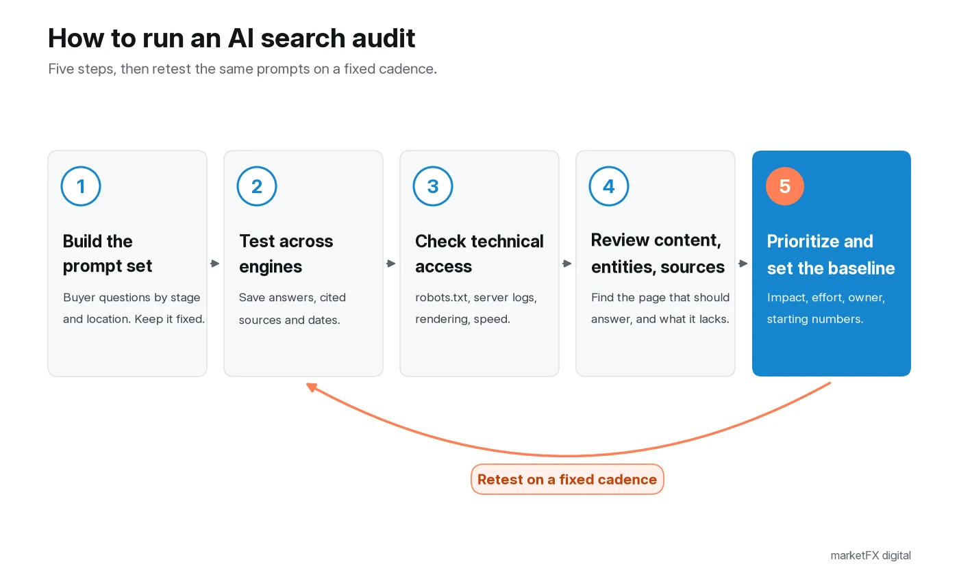 Five step process diagram for running an AI search audit. 1 Build the prompt set. 2 Test across engines. 3 Check technical access. 4 Review content, entities and sources. 5 Prioritize fixes and set the baseline. A loop arrow returns from step 5 to step 2 labeled retest on a fixed cadence.